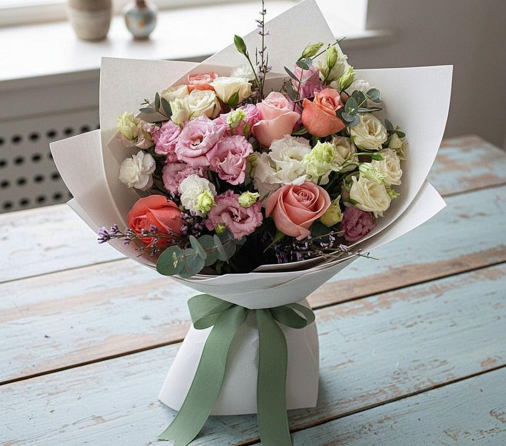 Букет цветов из: Розы, Лизиантусы и Гвоздики в Азово