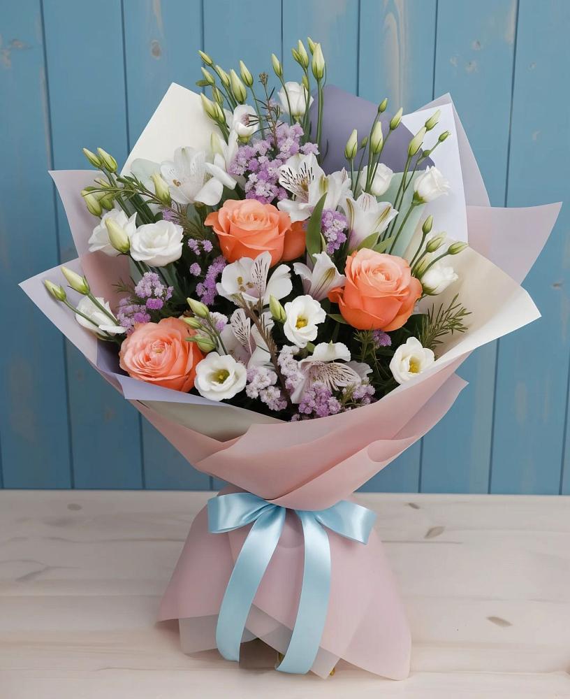 Букет цветов из: Лизиантусы, Розы, Альстромерии и Гипсофила в Азово