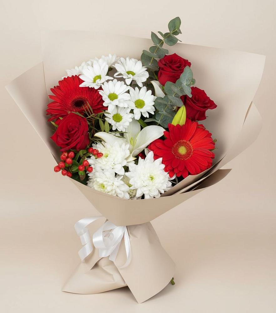 Букет цветов из: Розы, Хризантемы, Герберы и Лилии в Азово